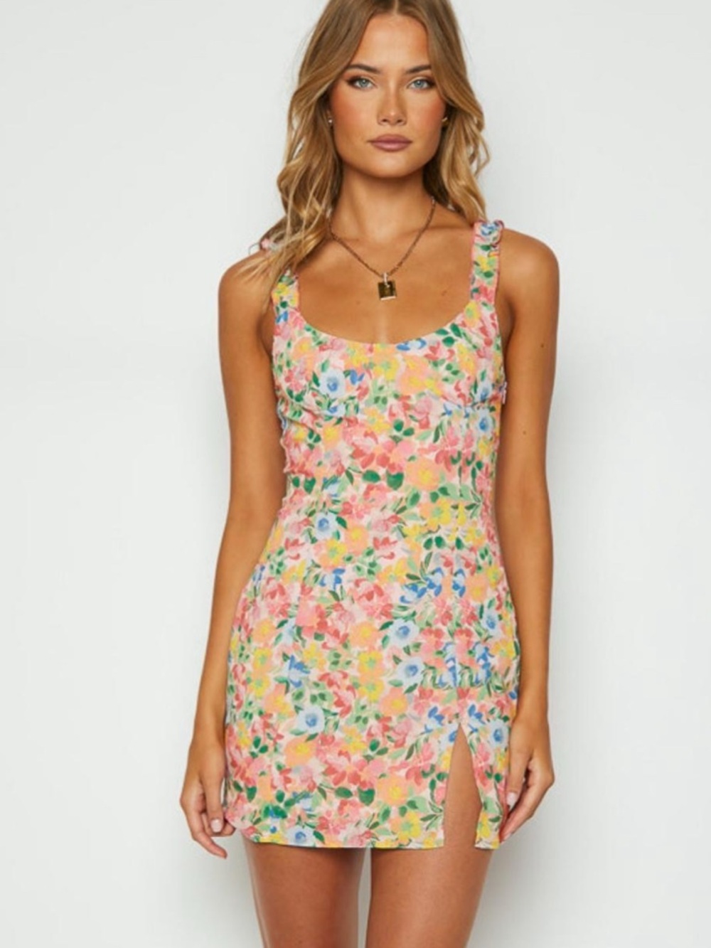 Beginning Boutique Floral Scoop Mini Dress in Pink, Yellow & Green